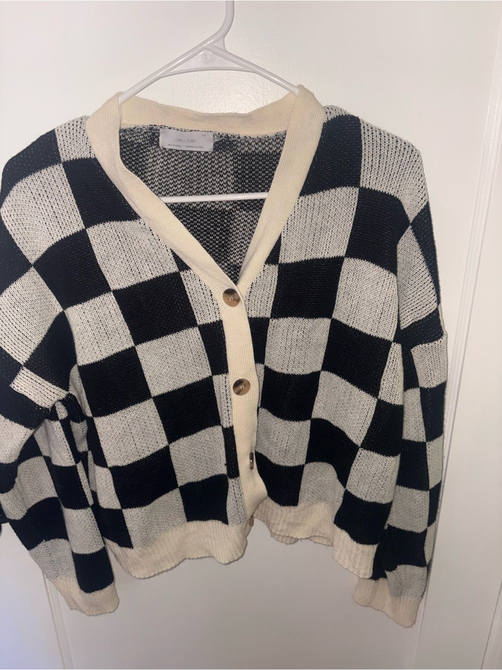 OAK + FORT Black & Cream Checkered Button-Front Cardigan